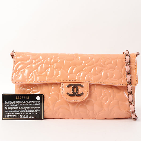 Chanel Around 2003 Made Patent Camellia Motif Classic Flap Chain Bag Salmon Pink