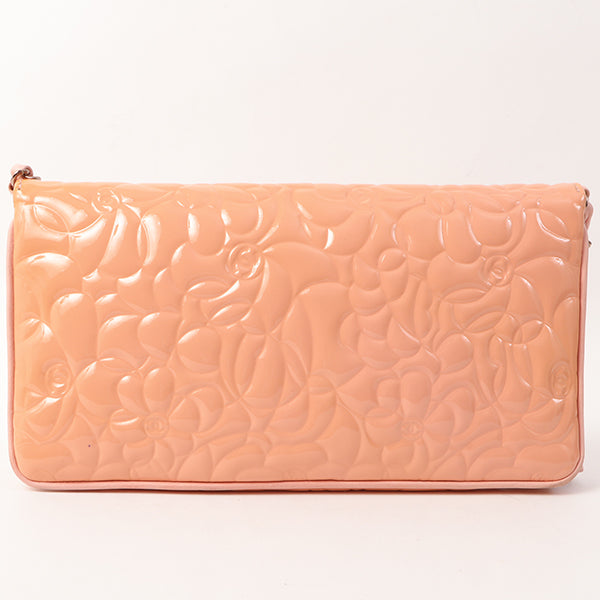 Chanel Around 2003 Made Patent Camellia Motif Classic Flap Chain Bag Salmon Pink
