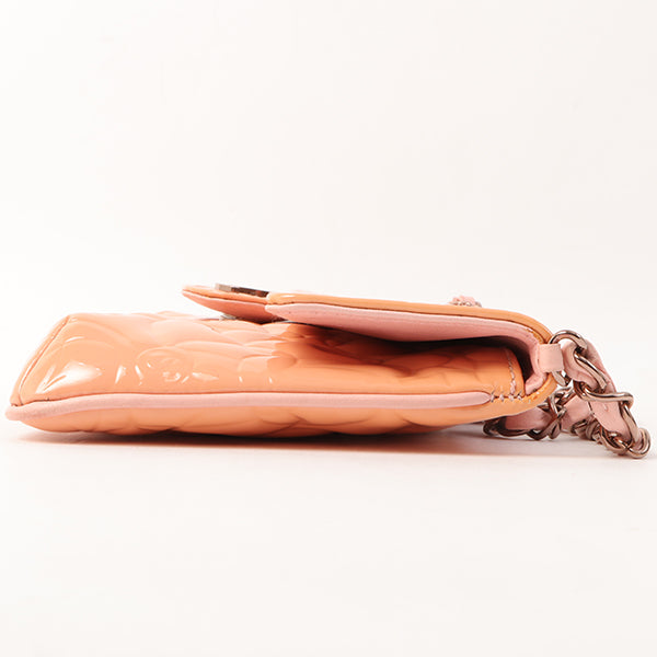 Chanel Around 2003 Made Patent Camellia Motif Classic Flap Chain Bag Salmon Pink