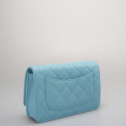 Chanel Light Blue Woc Wallet On Chain Classic Bag In Lambskin Leather With Gold Hardware