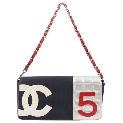 Chanel Around 2002 Made Denim Chocolate Bar Cc Mark No.5 Stitch Chain Shoulder Bag Navy/Silver/Red