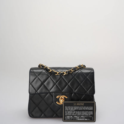 Chanel Vintage Timeless Mini Square Classic Flap Bag In Black With 24K Gold Hardware