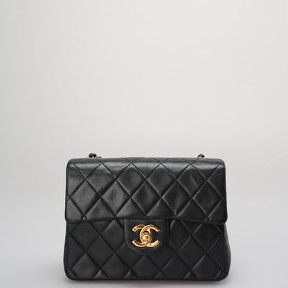 Chanel Vintage Timeless Mini Square Classic Flap Bag In Black With 24K Gold Hardware