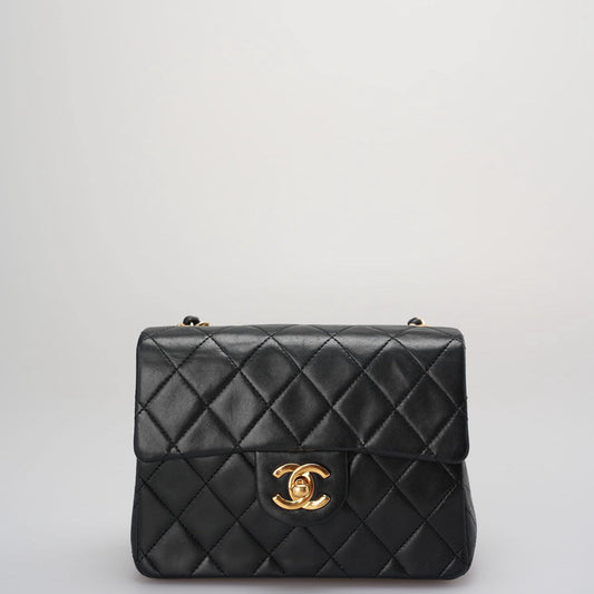 Chanel Vintage Timeless Mini Square Classic Flap Bag In Black With 24K Gold Hardware