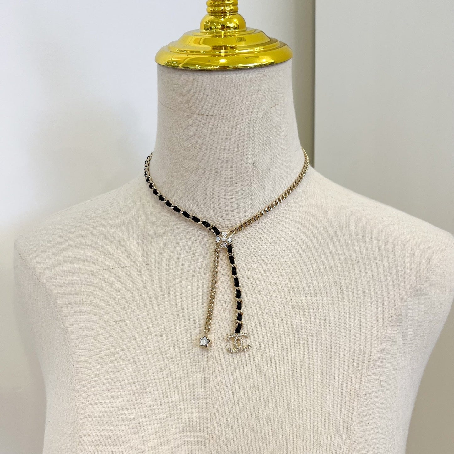 Chanel 25B Flower, Star and CC Logo Necklace with Black Leather and Crystals in Light Gold HW (Model: ABG287)