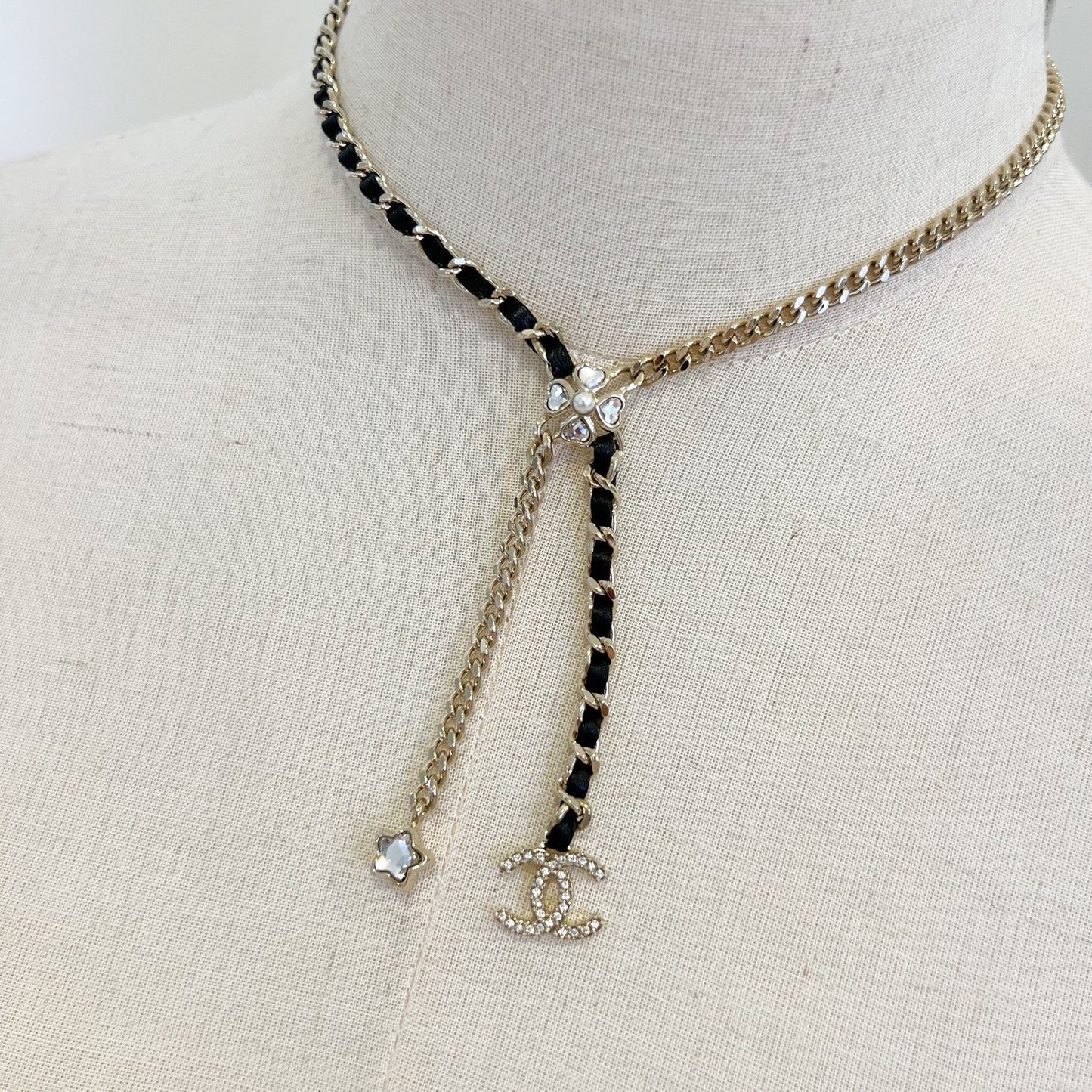 Chanel 25B Flower, Star and CC Logo Necklace with Black Leather and Crystals in Light Gold HW (Model: ABG287)