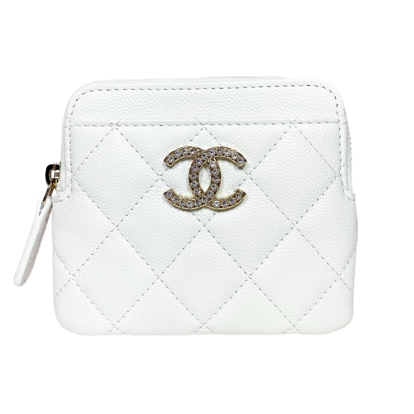 Chanel White Quilted Crystal Zip Card Holder Wallet