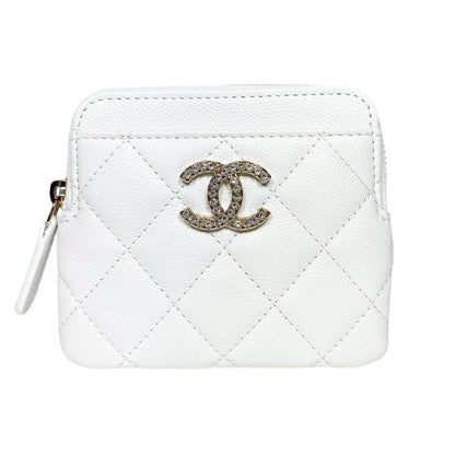 Chanel White Quilted Crystal Zip Card Holder Wallet