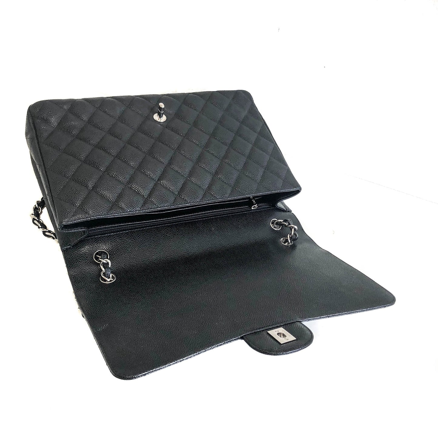 Single Flap Maxi in Black Caviar Leather with Silver Hardware
