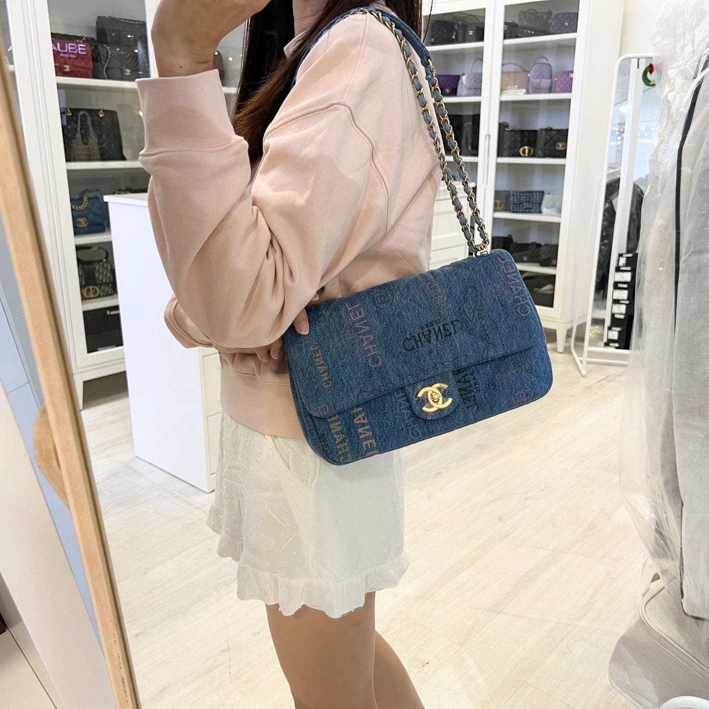 Chanel 22P Denim Mood Medium Flap Bag in Blue Printed Denim and AGHW (Model: AS3135)