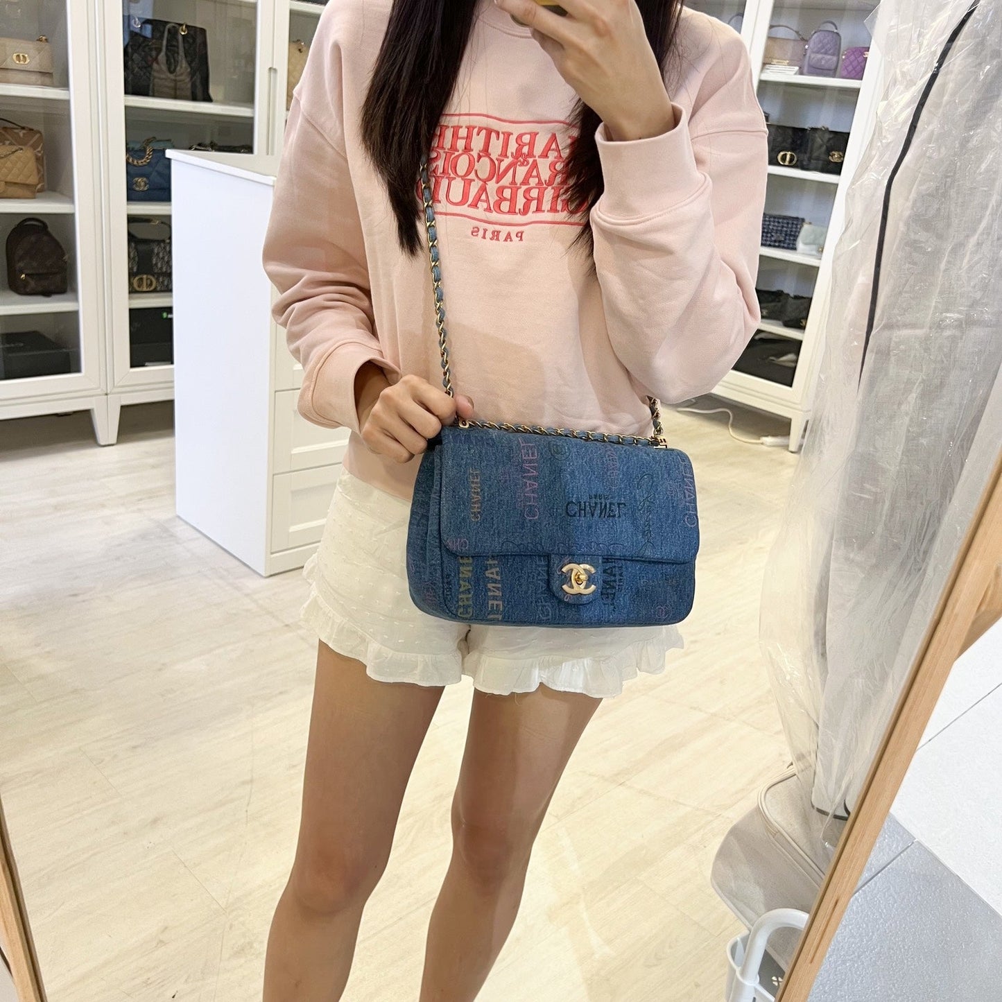 Chanel 22P Denim Mood Medium Flap Bag in Blue Printed Denim and AGHW (Model: AS3135)
