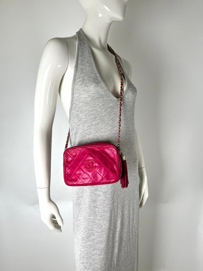 CHANEL Vintage Tassel Pink Leather Quilted Crossbody Camera Case Bag