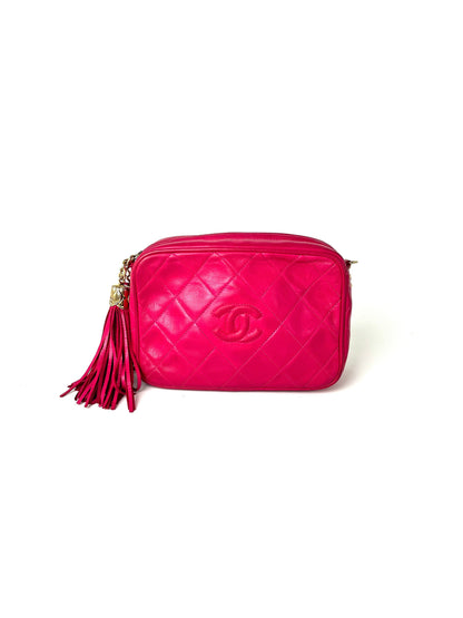 CHANEL Vintage Tassel Pink Leather Quilted Crossbody Camera Case Bag