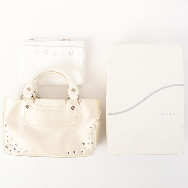 Celine Satin Rhinestone Mini Boogie White