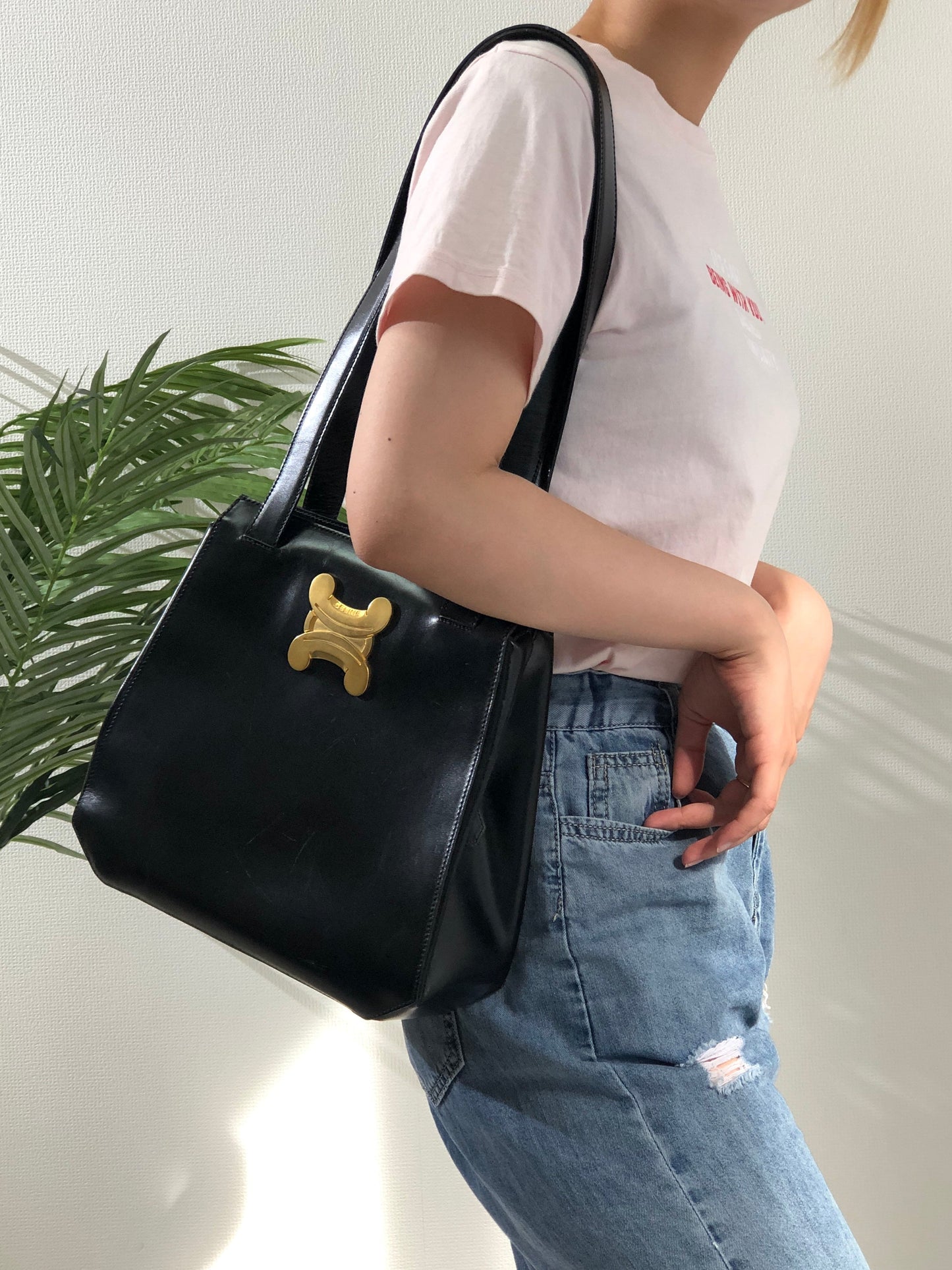 CELINE Triomphe Leather Tote Bag Shoulder bag Black Gold Vintage Old Celine cpfk62