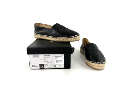 CHANEL Black Leather CC Logo Espadrille Flats 40