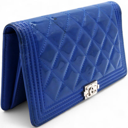 Patent Leather Quilted Boy Yen Wallet Dark Blue