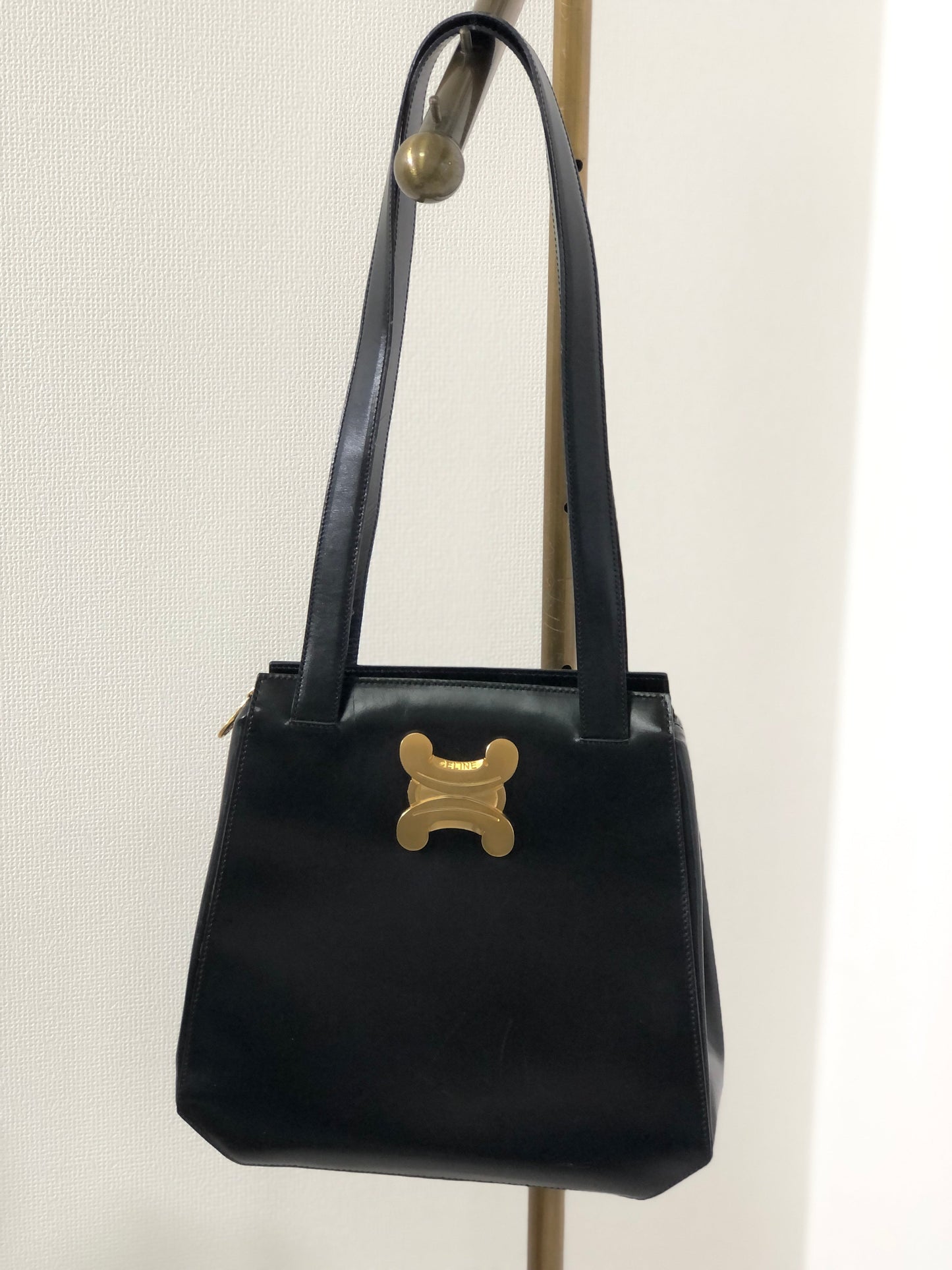 CELINE Triomphe Leather Tote Bag Shoulder bag Black Gold Vintage Old Celine cpfk62
