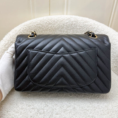 Chanel Small Classic Flap CF in Chevron Quilted Black Caviar and LGHW (Model: A01113)