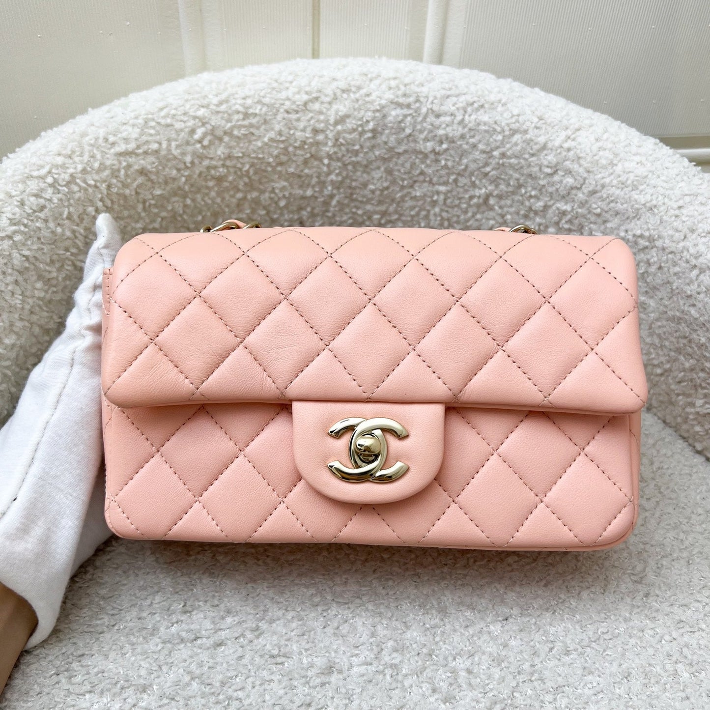 Chanel Classic Mini Rectangle in 22C Peach Pink Lambskin and LGHW (Model: A69900)