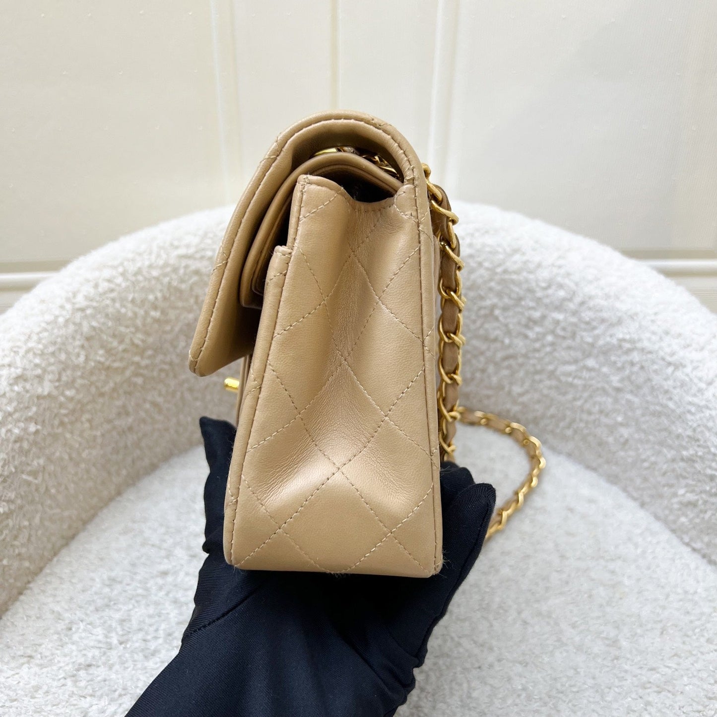 Chanel Vintage Small Classic Flap CF in Milk Tea Beige Lambskin and 24K Gold Plated HW