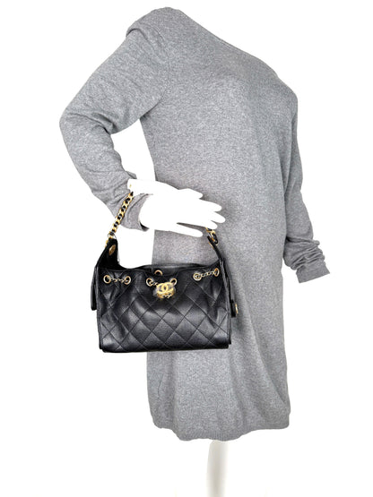 CHANEL 25 Mini Black Quilted Caviar Leather Shoulder Bag New with tag