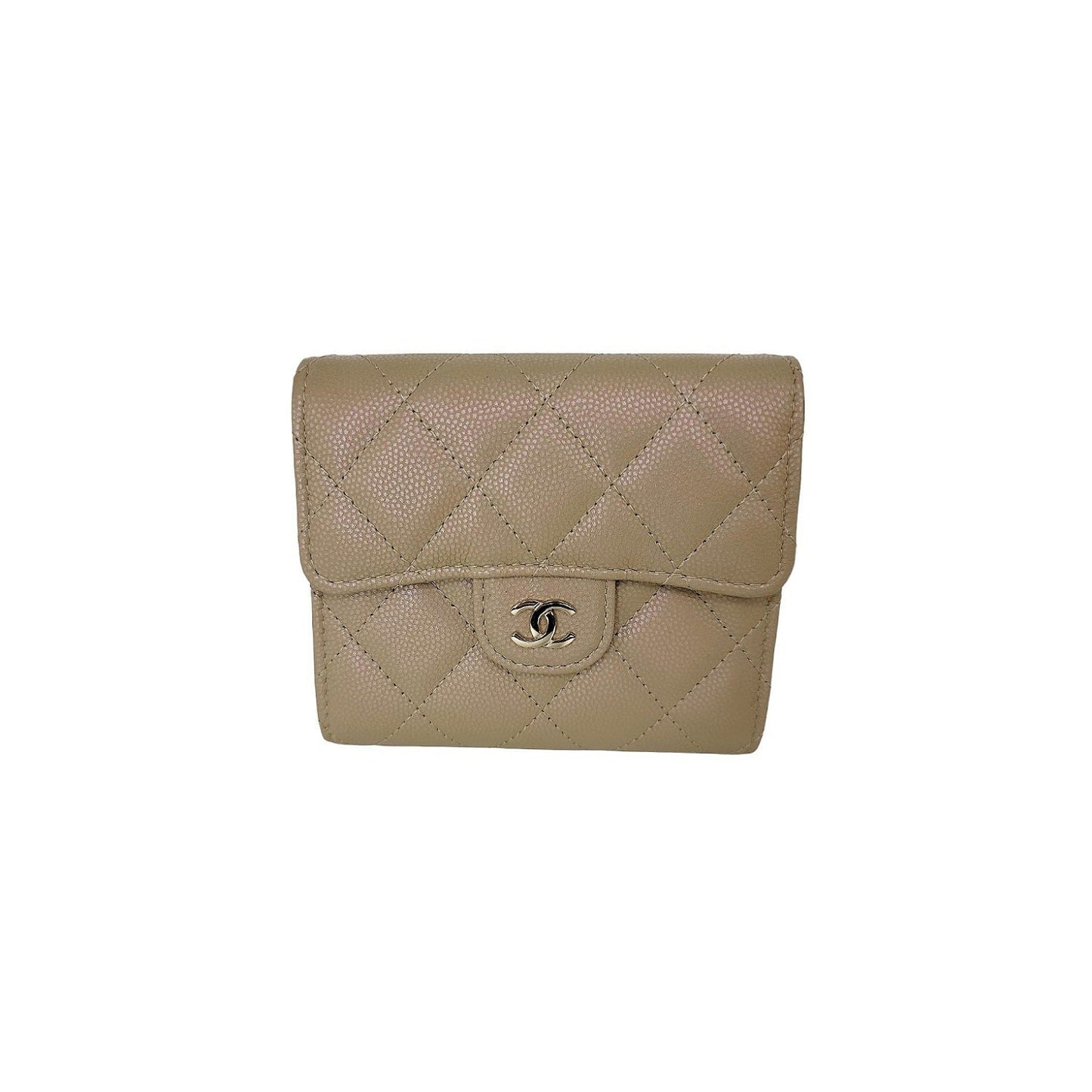 Chanel Caviar Quilted Compact Flap Wallet Beige