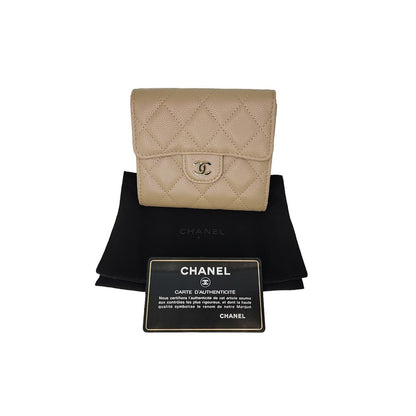 Chanel Caviar Quilted Compact Flap Wallet Beige