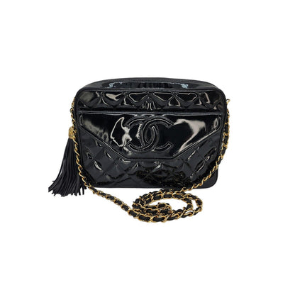 Chanel 90s Quilted Patent Timeless Camera Tassel Crossbody