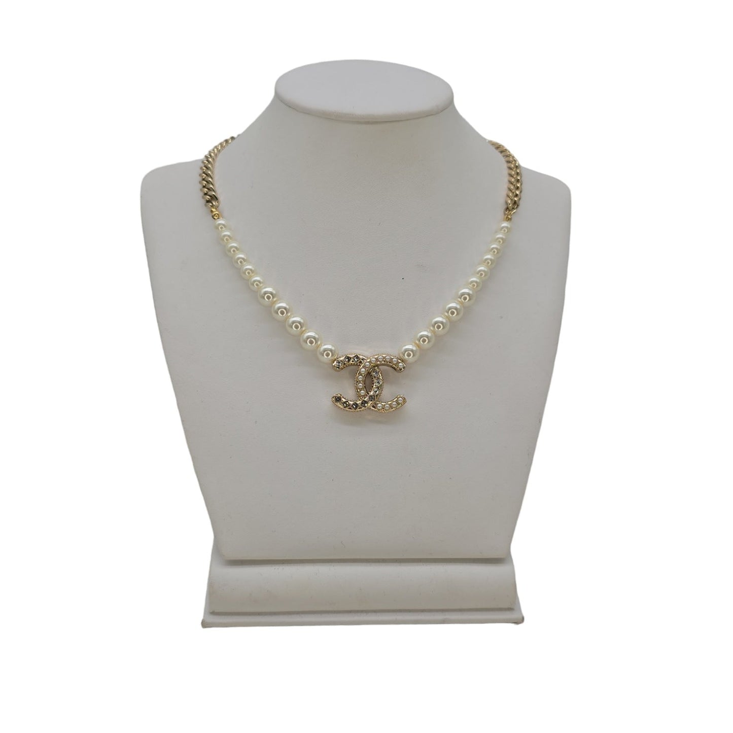 Chanel Faux Pearl and Crystal Baguette CC Necklace
