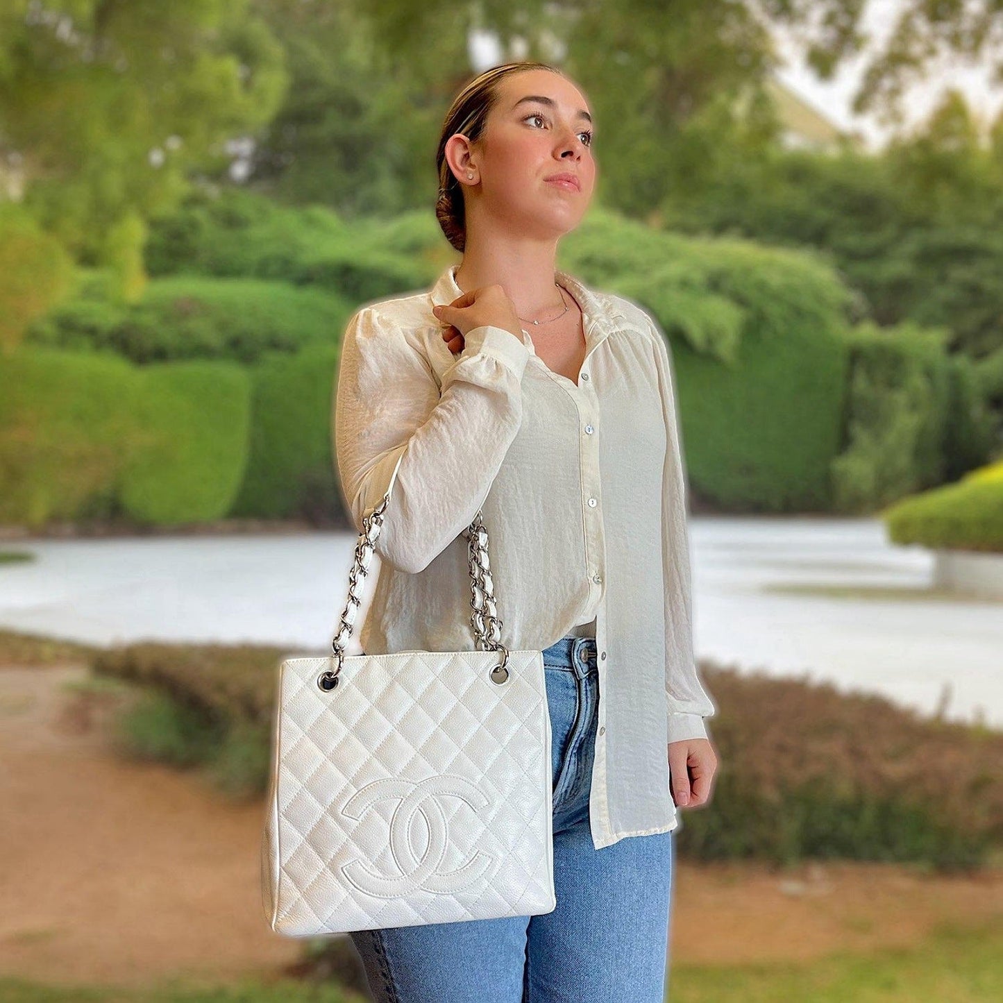 Chanel Vintage White Caviar Petite Shopping Tote PST