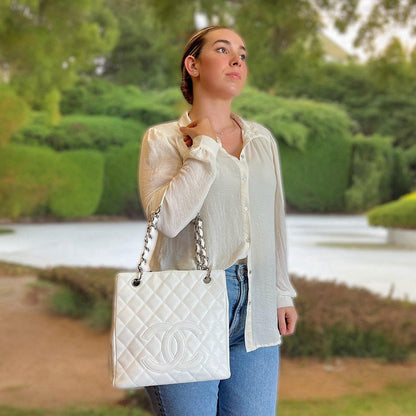 Chanel Vintage White Caviar Petite Shopping Tote PST