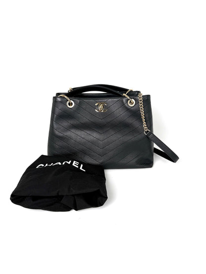 CHANEL Large Chevron Stitched Chic Shopping Black Calfskin Leather Tote Bag
