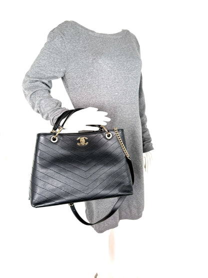 CHANEL Large Chevron Stitched Chic Shopping Black Calfskin Leather Tote Bag