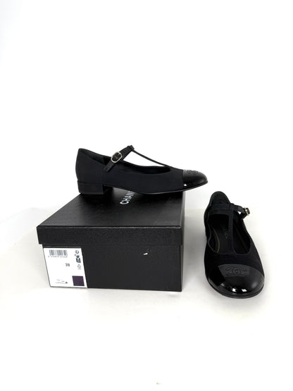 CHANEL Cap Toe Mary Jane Satin Patent Leather CC Logo Low Heel Pumps 39 8.5