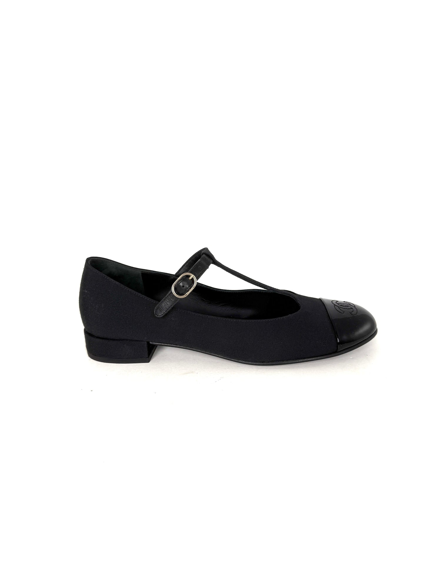 CHANEL Cap Toe Mary Jane Satin Patent Leather CC Logo Low Heel Pumps 39 8.5