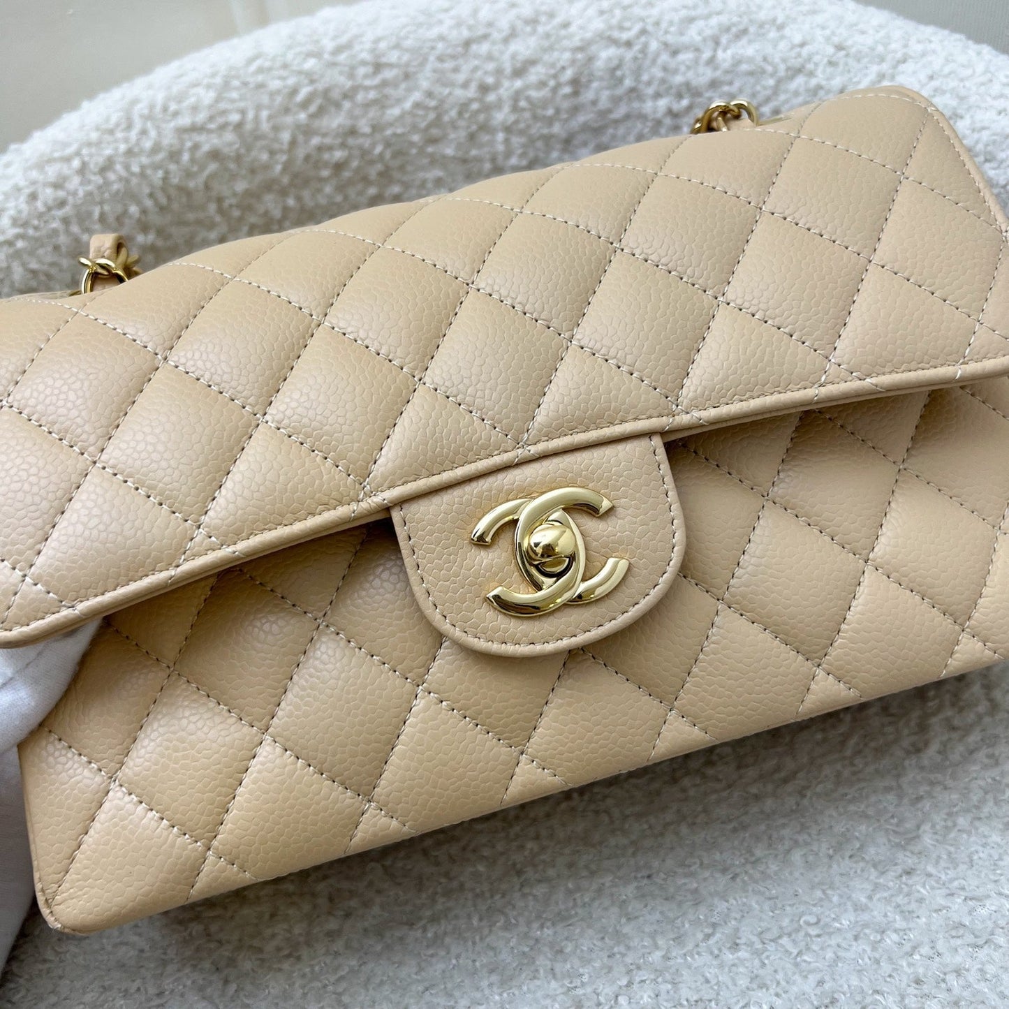Chanel Small Classic Flap CF in Beige Caviar and GHW