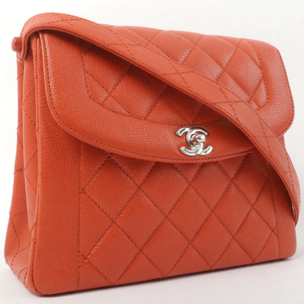 Chanel Around 1998 Made Caviar Skin Turn-Lock Shoulder Bag Orange/Silver
