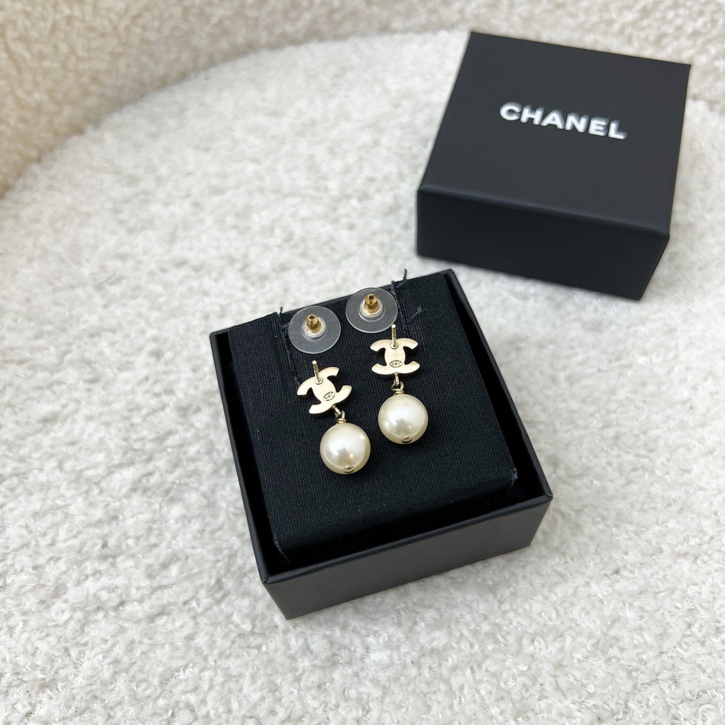 Chanel CC Logo Pearl Drop Earrings