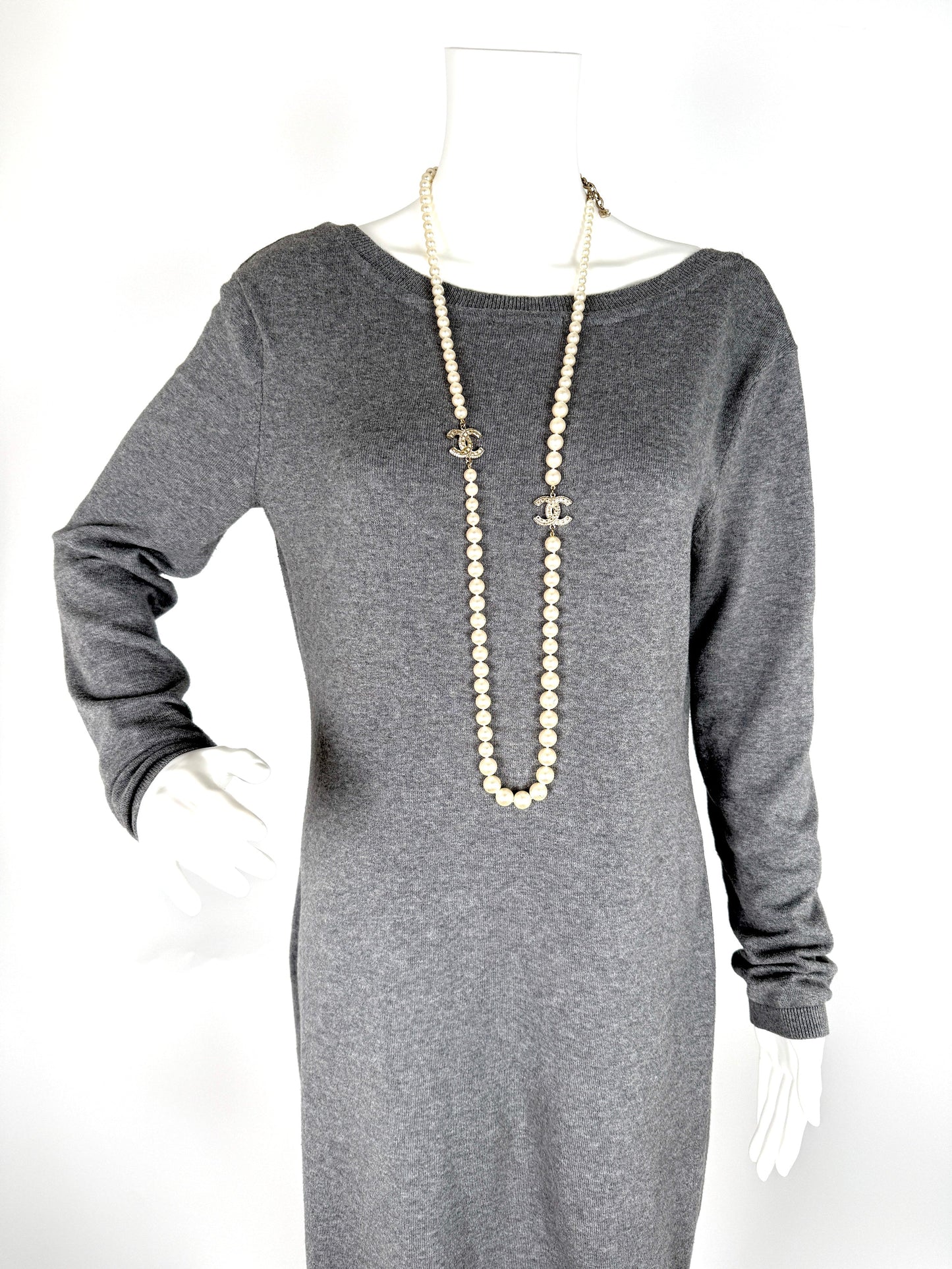 CHANEL Faux Pearl Graduated Long CC 2014 Strass Station Necklace