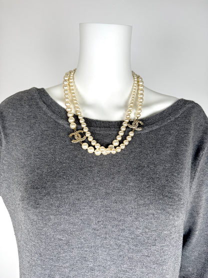 CHANEL Faux Pearl Graduated Long CC 2014 Strass Station Necklace