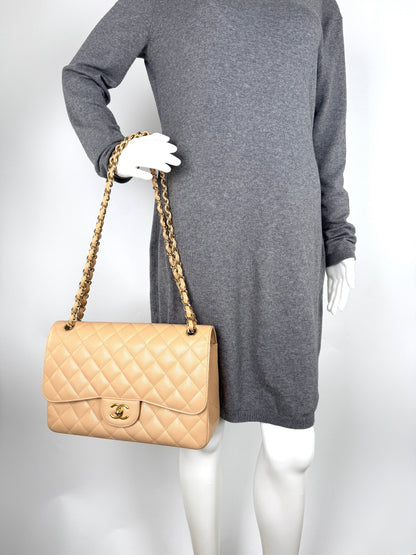 CHANEL Light Beige Caviar Jumbo Quilted Gold Hardware Classic Double Flap Bag