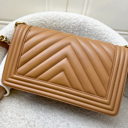 Chanel Medium 25cm Boy Flap in Chevron Quilted Caramel Lambskin and AGHW (Model: A67086)