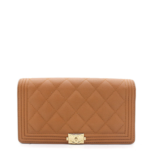 Caviar Leather Quilted Boy Yen Wallet Dark Beige