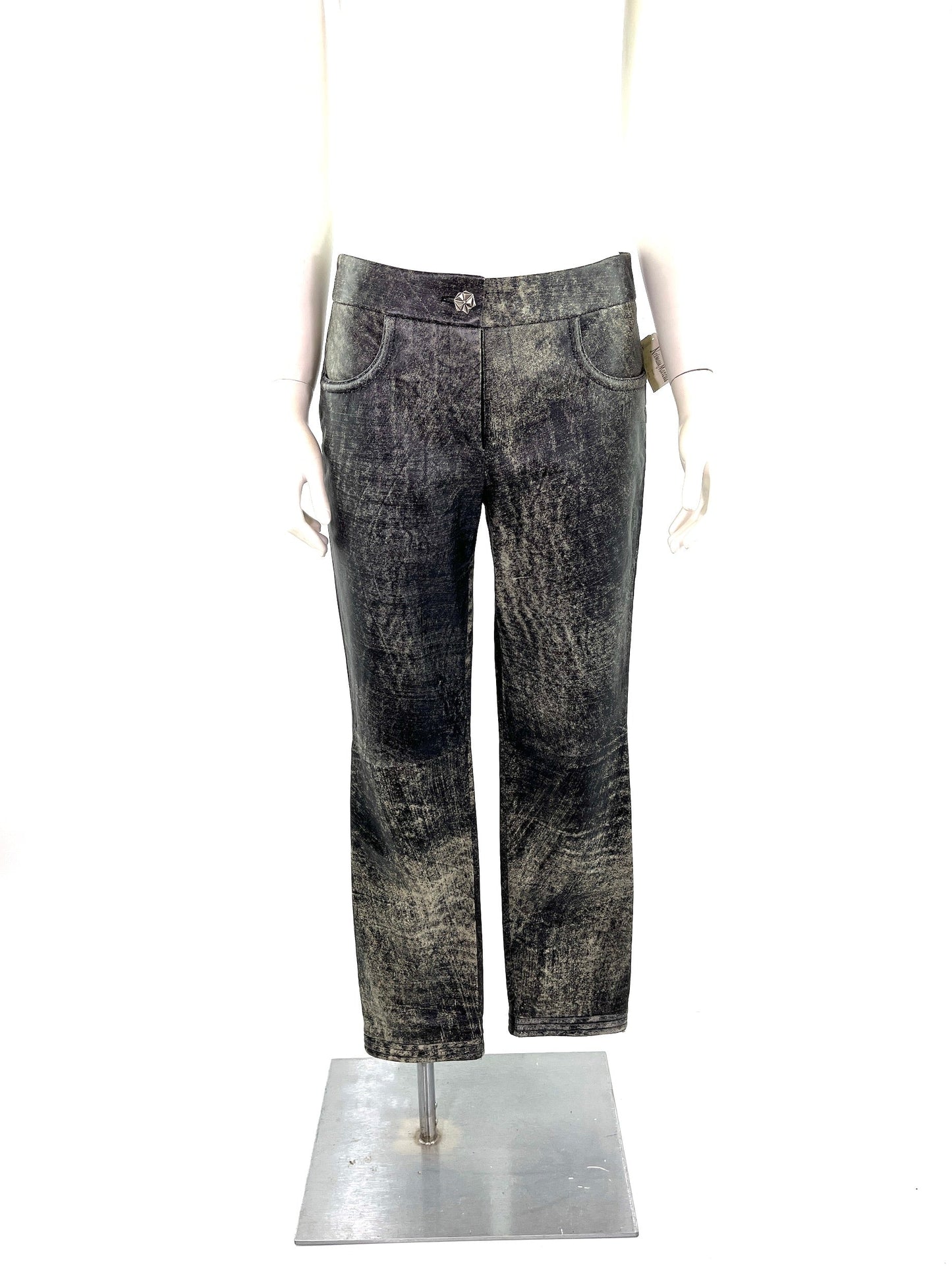 CHANEL Black Beige Leather Straight Leg Pants 36 4
