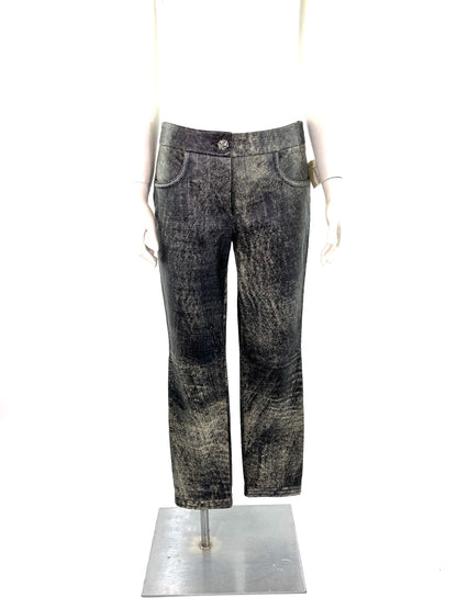 CHANEL Black Beige Leather Straight Leg Pants 36 4