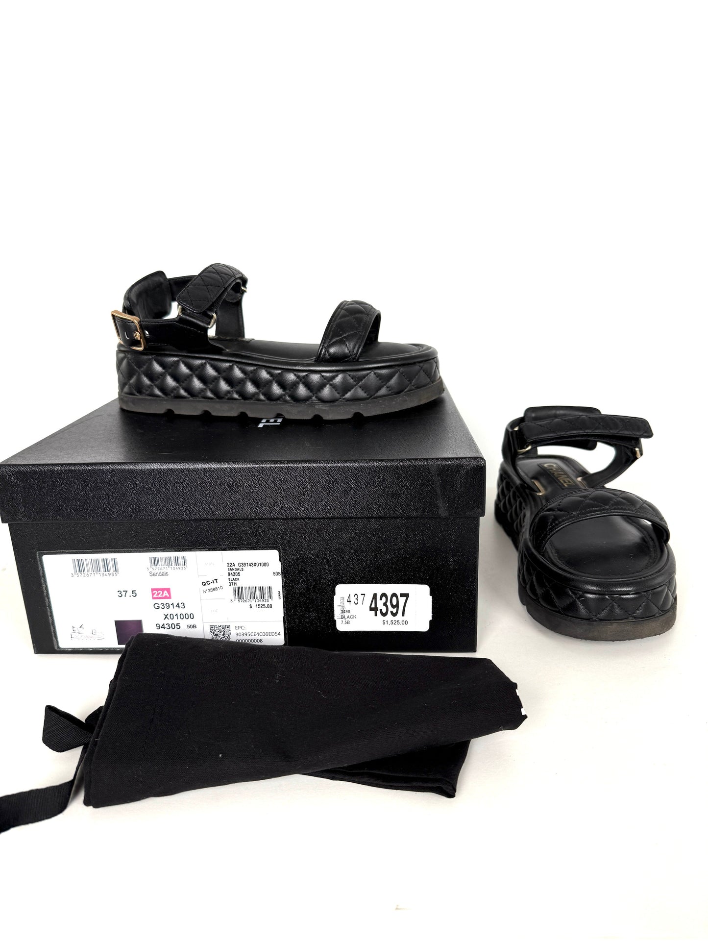 CHANEL Black Platform CC Logo Quilted Leather 2022 Sandals 37.5 7