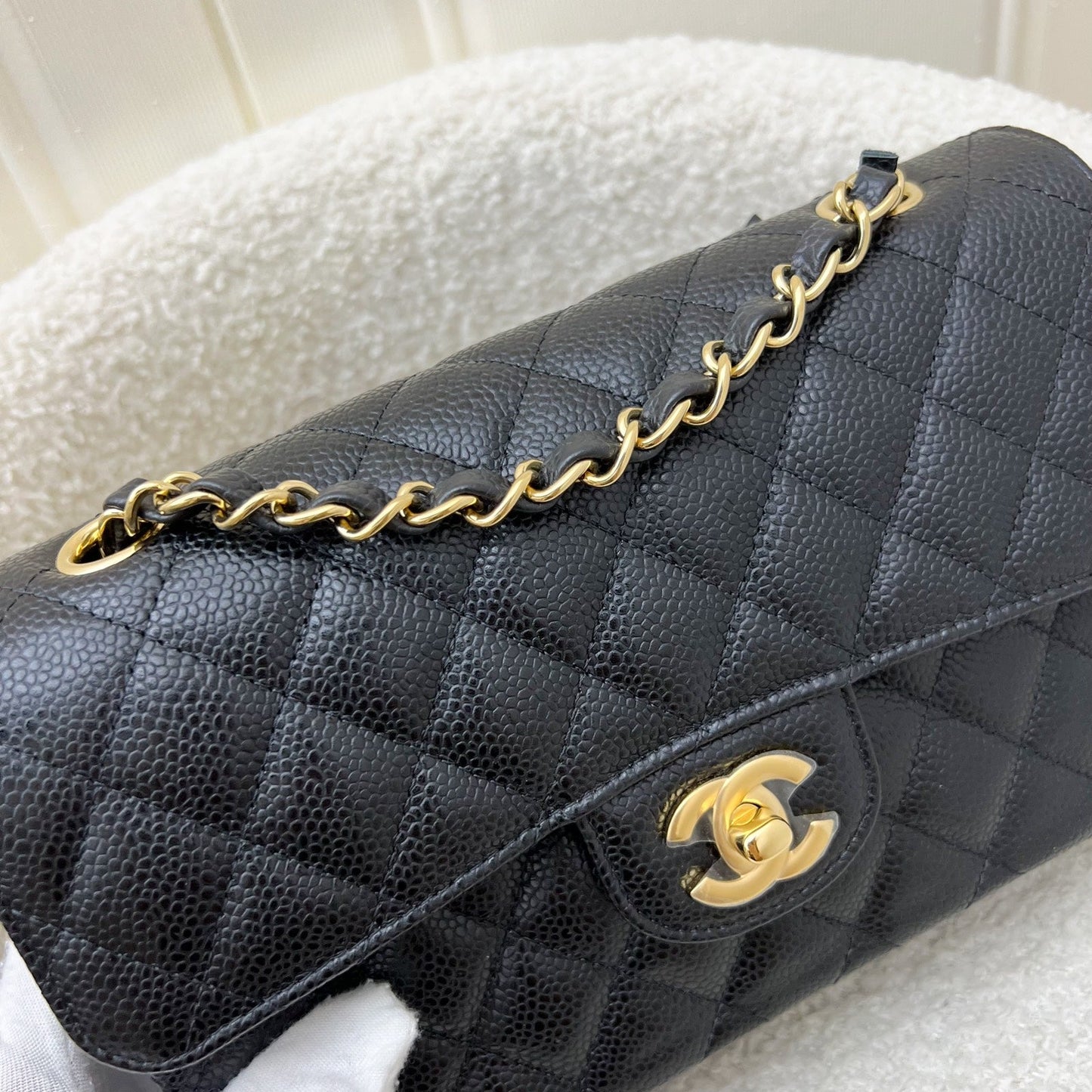 Chanel Small Classic Flap CF in Black Caviar and GHW (Model: A01113)