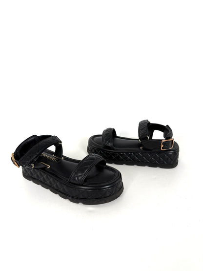 CHANEL Black Platform CC Logo Quilted Leather 2022 Sandals 37.5 7