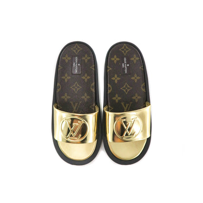 Louis-Vuitton Women's Gold and Canvas Slides